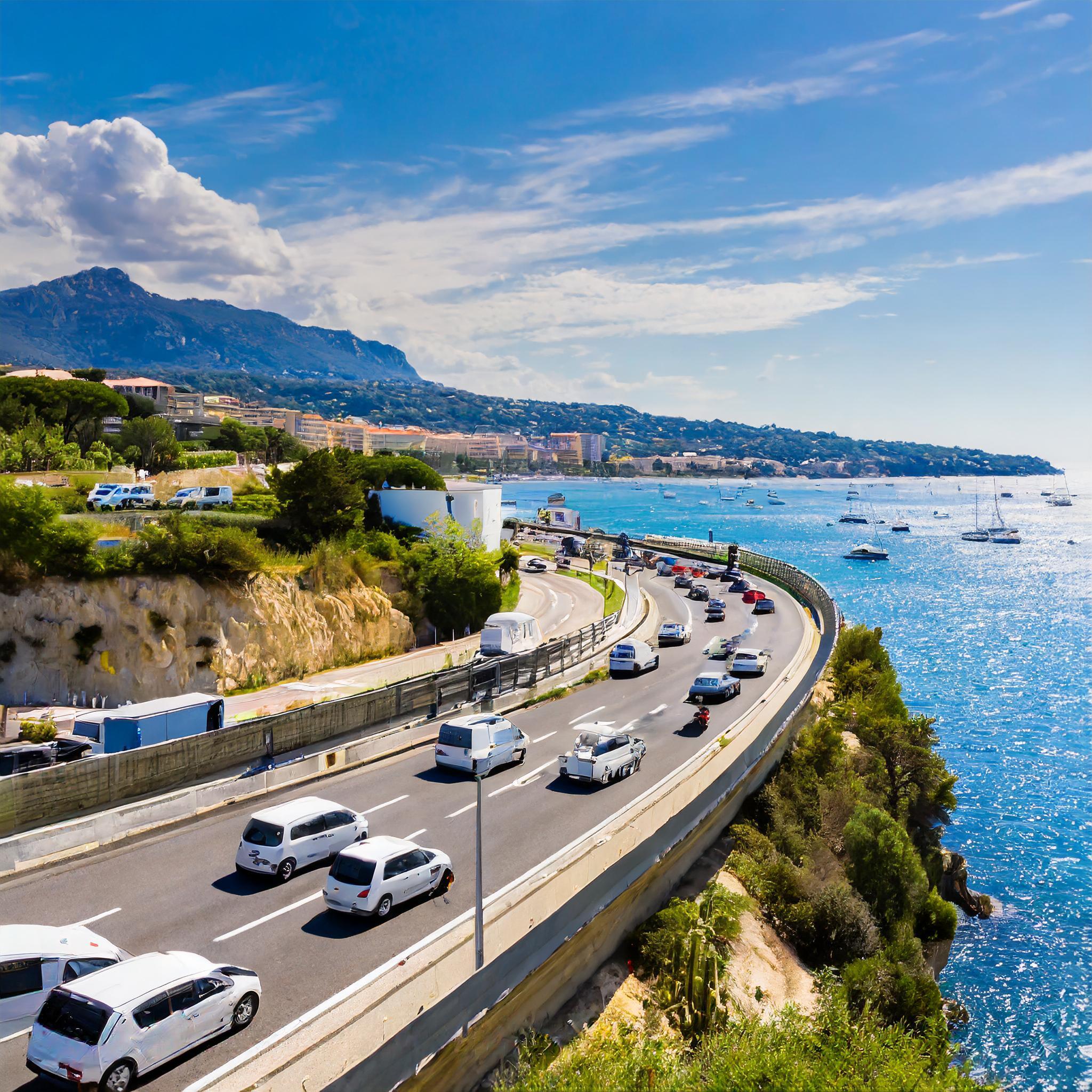 Firefly cars and campervans drinving on a motorway along the french riviera on a sunny day wide shot