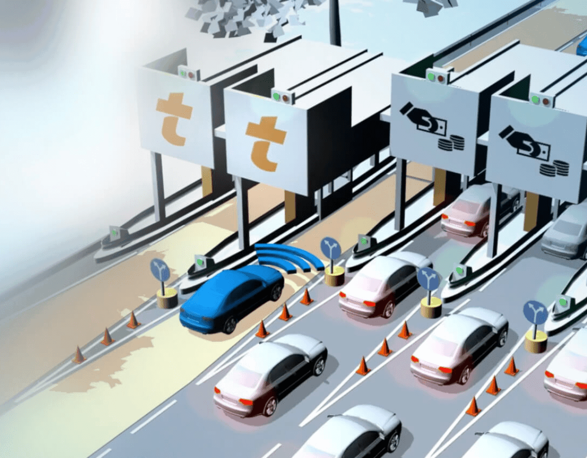 Graphique explicatif d'une station de péage avec une voiture utilisant une voie de péage automatique