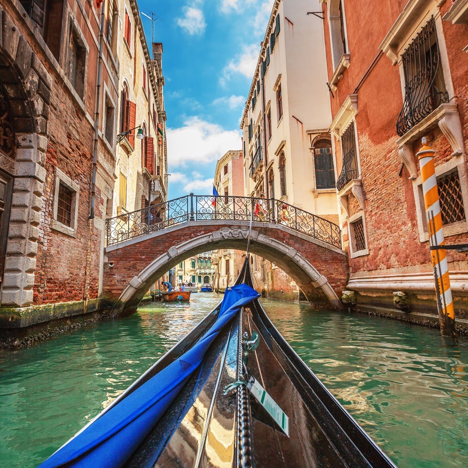View from a gondola during the boat ride through the canals of Venice